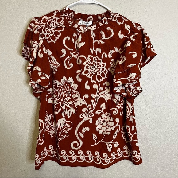 NWT Ces Femme Floral Ruffle Rust and Cream Short Sleeve Top Size Medium Feminine - Picture 3 of 11